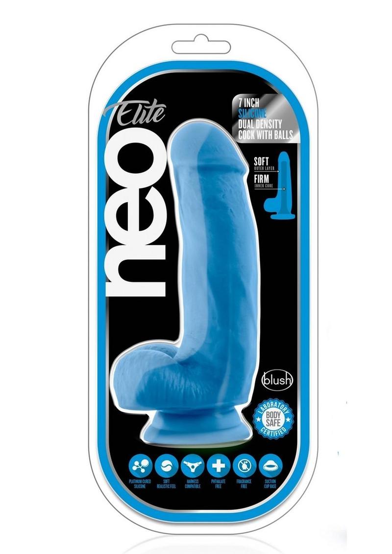 Neo Elite Silicone Dual Density Cock with Balls - Blue/Neon Blue - 7.5in