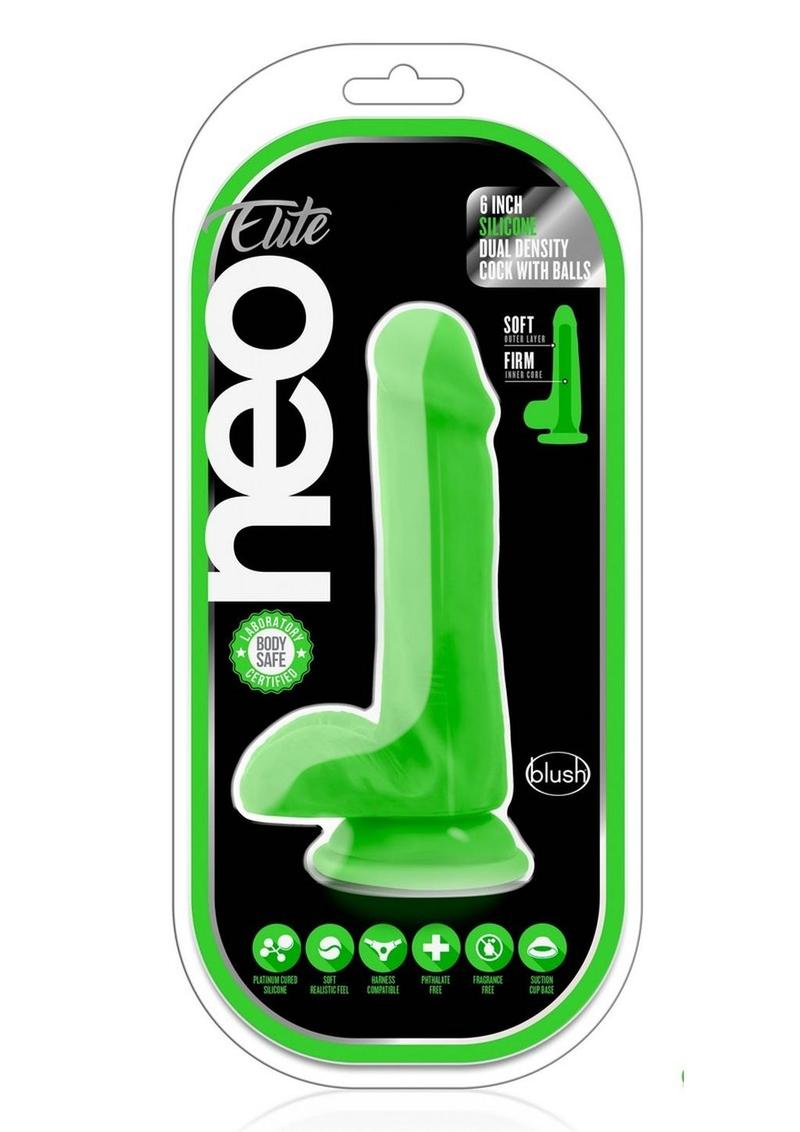 Neo Elite Silicone Dual Density Dildo with Balls - Green/Neon Green - 6in