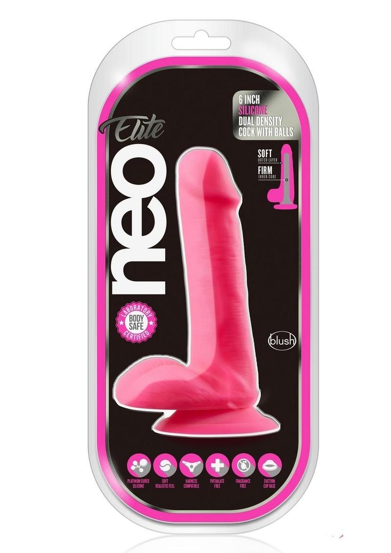 Neo Elite Silicone Dual Density Dildo with Balls - Neon Pink/Pink - 6in