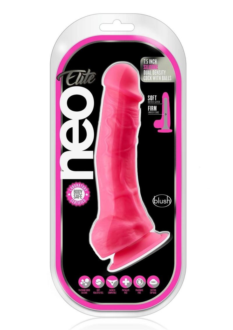 Neo Elite Silicone Dual Density Dildo with Balls - Neon Pink/Pink - 7.5in