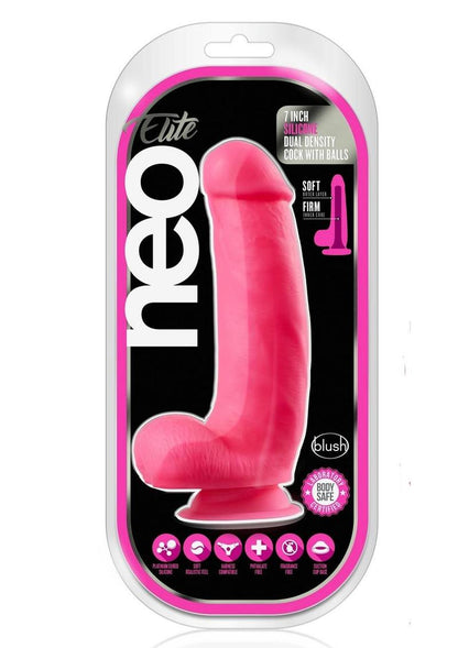 Neo Elite Silicone Dual Density Dildo with Balls - Neon Pink/Pink - 7in