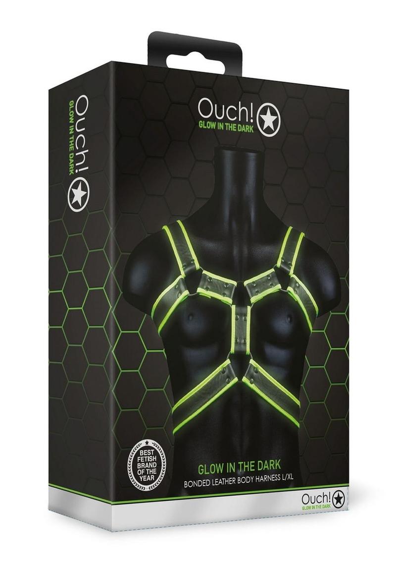 Ouch! Bonded Leather Body Harness - Black/Glow In The Dark/Green - Large/XLarge