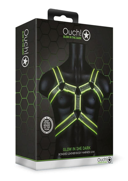 Ouch! Bonded Leather Body Harness - Black/Glow In The Dark/Green - Medium/Small