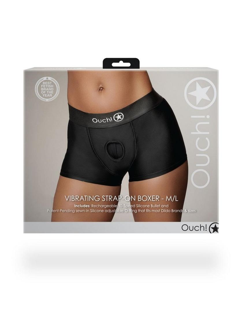 Ouch! Vibrating Strap-On Boxer Rechargeable - Black - Large/Medium