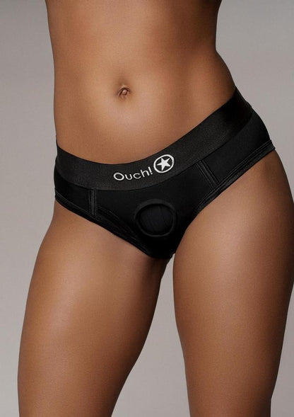 Ouch! Vibrating Strap-On High-Cut Brief Rechargeable - Black - Large/Medium