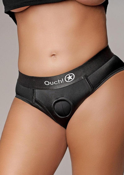 Ouch! Vibrating Strap-On High-Cut Brief Rechargeable - Black - XLarge/XXLarge