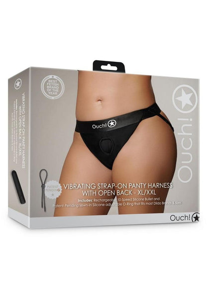 Ouch! Vibrating Strap-On Panty Harness with Open Back Rechargeable - Black - XLarge/XXLarge