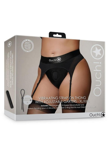 Ouch! Vibrating Strap-On Thong with Adjustable Garters Rechargeable - Black - XLarge/XXLarge