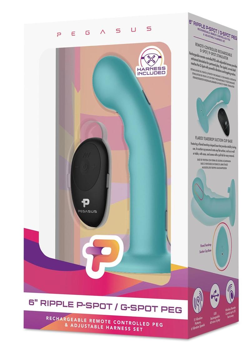 Pegasus Remote Control Ripple P-Spot/G-Spot Silicone Peg with Harness - Aqua/Teal - 6in