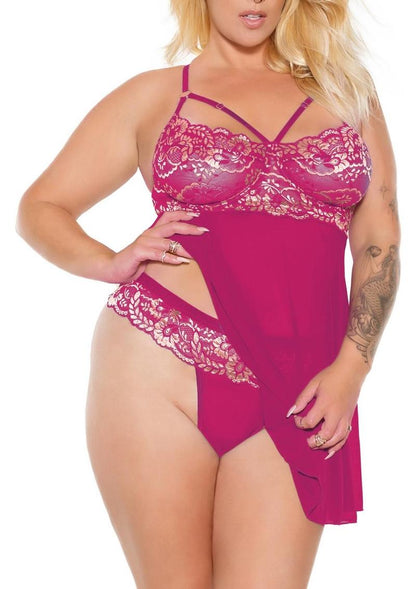 Pink Pussycat Babydoll and Thong - 1xlarge - Pink/Rose Gold - XXLarge