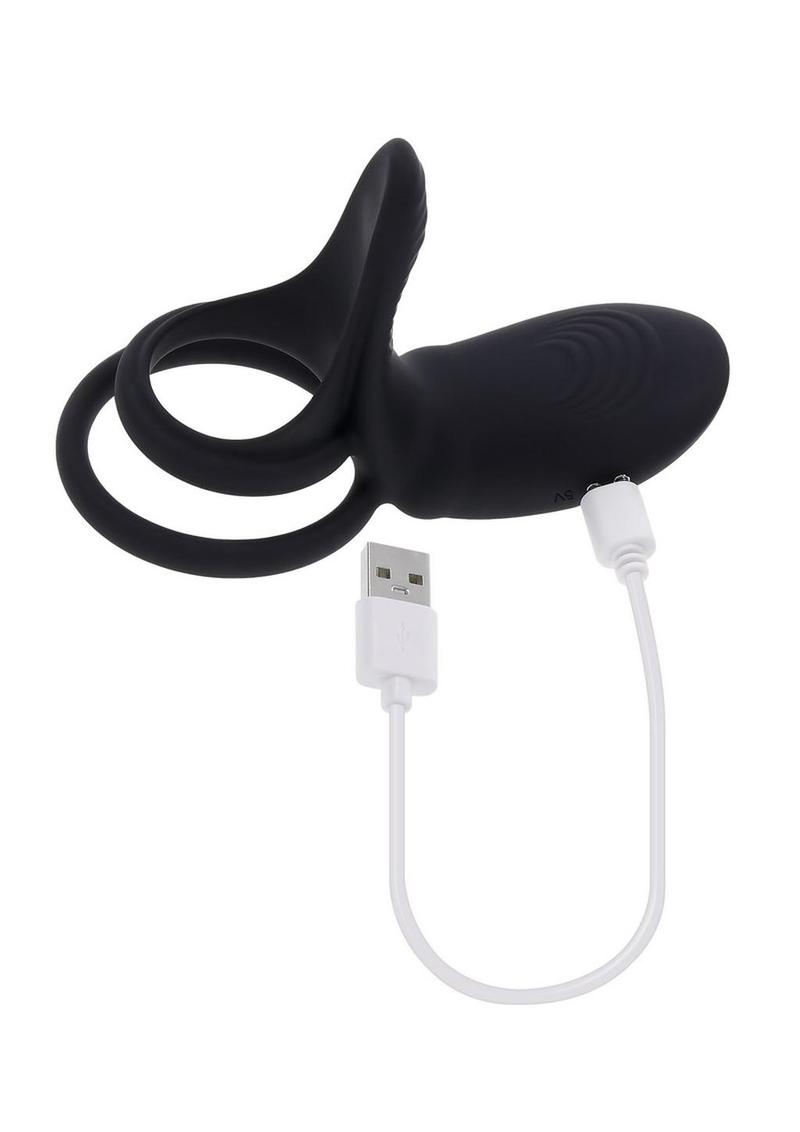 Playboy Just Right Rechargeable Silicone Dual Vibrating Cock Ring with Clitoral Stimulator