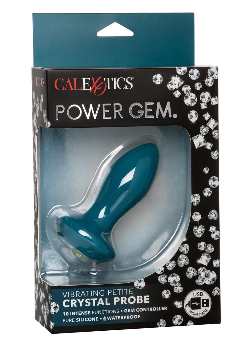 Power Gem Vibrating Petite Crystal Probe Silicone Rechargeable Butt Plug - Blue