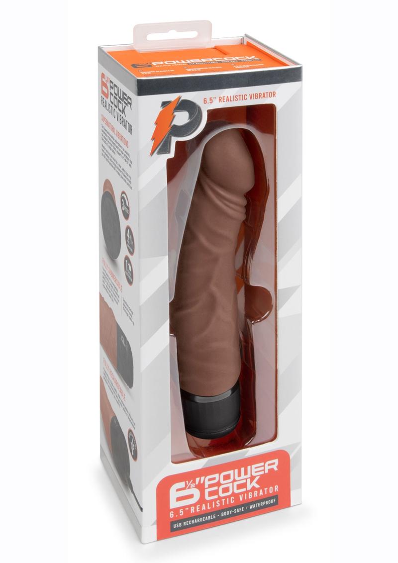 Powercocks Silicone Rechargeable Realistic Vibrator - Chocolate - 6.5in