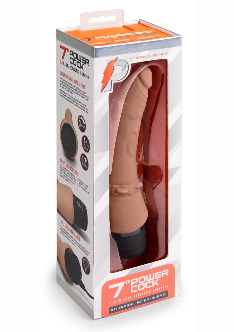 Powercocks Silicone Rechargeable Slim Anal Realistic Vibrator - Caramel - 7in