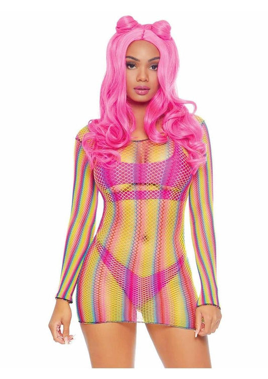 Rainbow Fishnet Long Sleeve Mini Dress - Multicolor - One Size