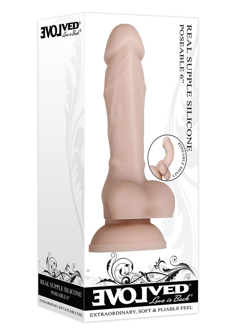 Real Supple Poseable Silicone Dildo with Balls - Vanilla - 6in