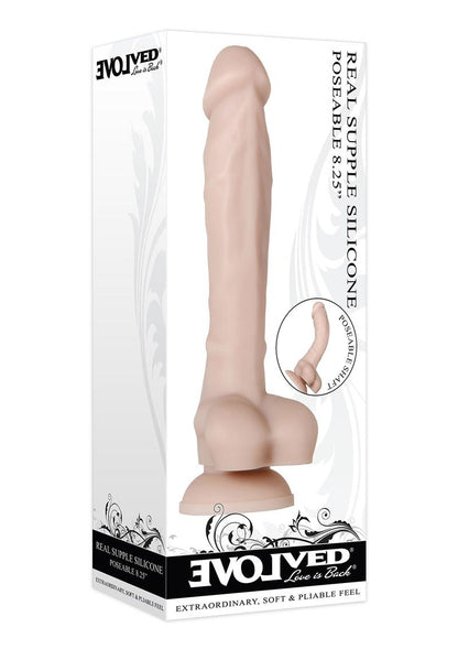 Real Supple Poseable Silicone Dildo with Balls - Flesh/Vanilla - 8.25in