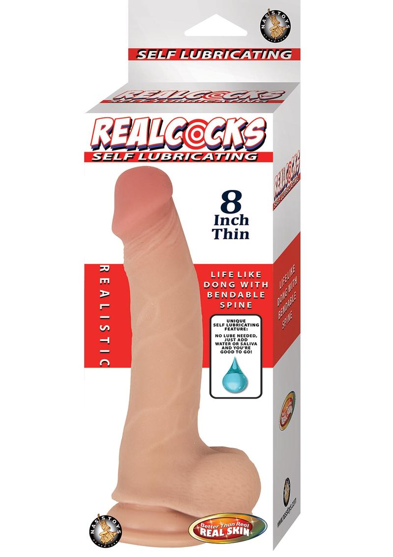 Realcocks Self Lubricating Bendable Thin Dildo with Balls - Vanilla - 8in