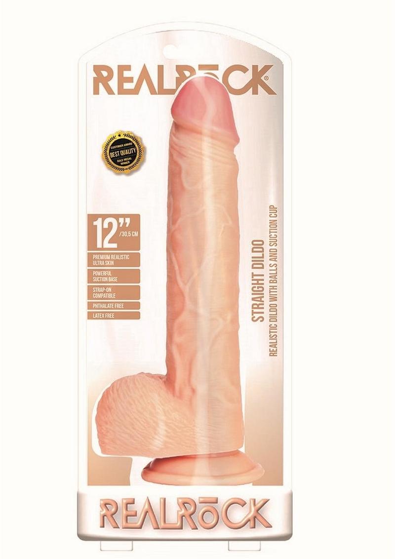 Realrock Straight Realistic Dildo with Balls and Suction Cup - Vanilla - 12in