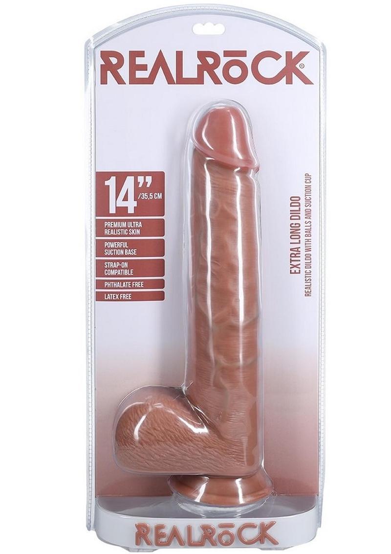 Realrock Ultra Realistic Skin Extra Large Straight Dildo with Balls and Suction Cup - Caramel - 14in