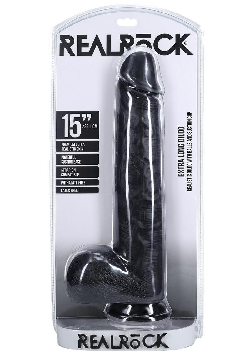 Realrock Ultra Realistic Skin Extra Large Straight Dildo with Balls and Suction Cup - Chocolate - 15in