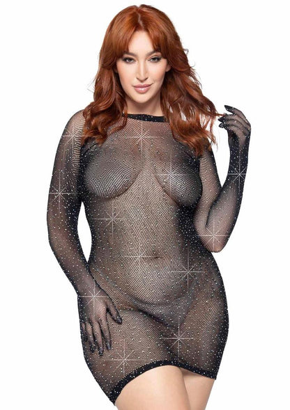 Rhinestone Fishnet Gloved Mini Dress - Black - Queen/XLarge/XXLarge