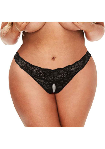 Secret Kisses Lace and Pearl Crotchless Thong - Black - Queen