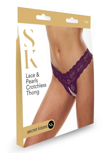 Secret Kisses Lace and Pearl Crotchless Thong - Purple - Medium/Small