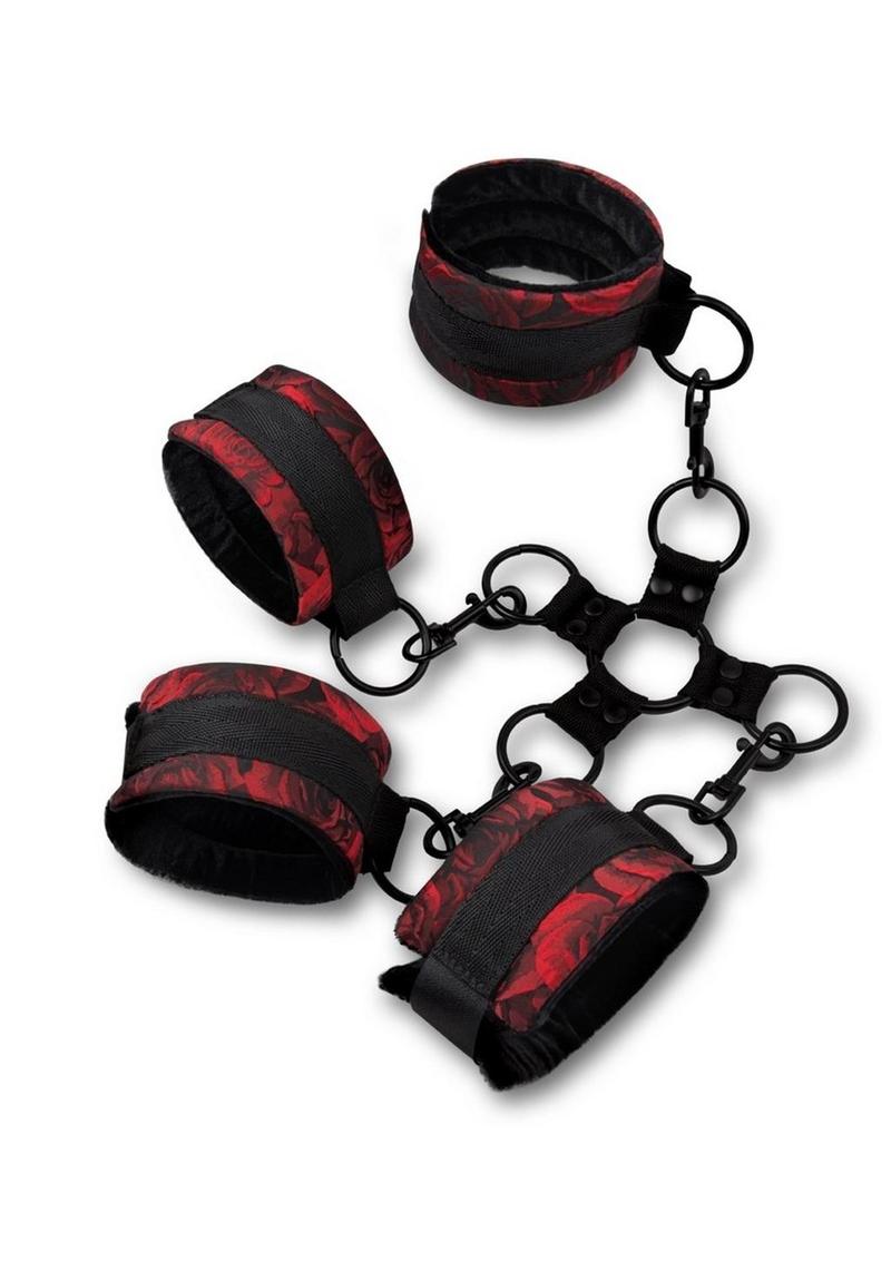 Secret Kisses Rosegasm Hogtie with Satin Blindfold - Black/Red - 5 Piece/Set