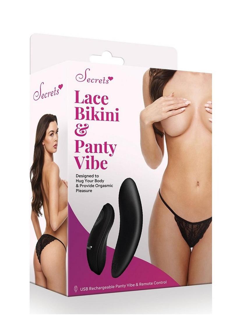 Secrets Lace Panty and Rechargeable Remote Control Panty Vibe - Black - One Size