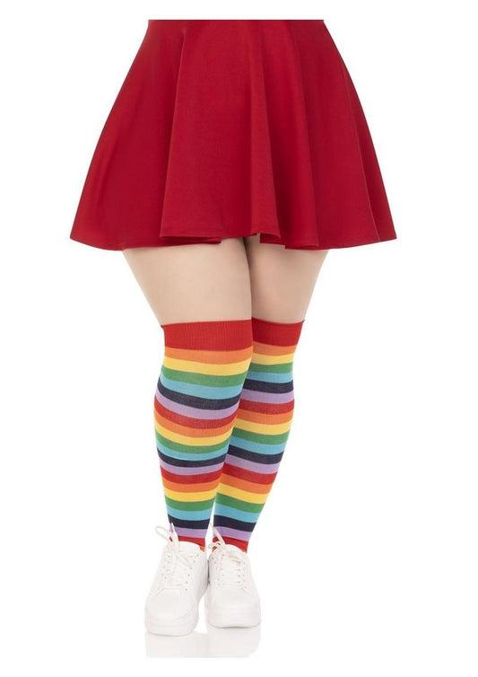 Spandex Acrylic Rainbow Striped Thigh Highs - 1x-2x - Multicolor