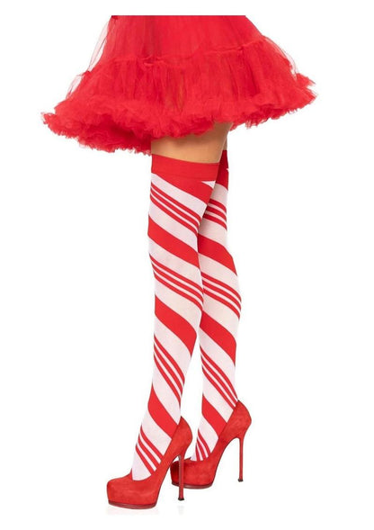 Spandex Sheer Candy Cane Striped Thigh Highs - Red/White - One Size