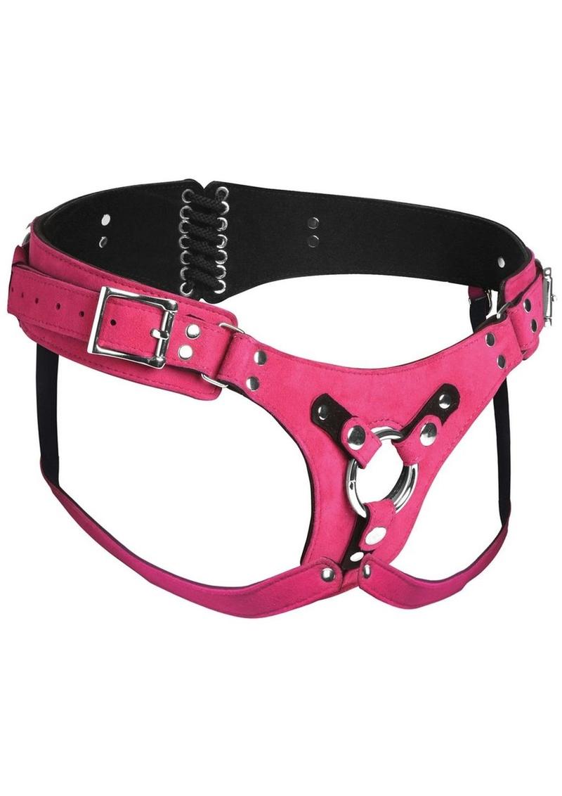 Strap U Bodice Deluxe Leather Corset Harness - Metal/Pink