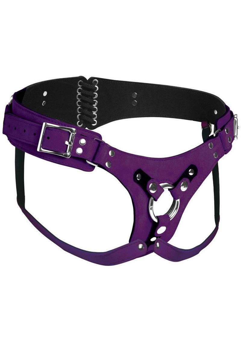 Strap U Bodice Deluxe Leather Corset Harness - Metal/Purple