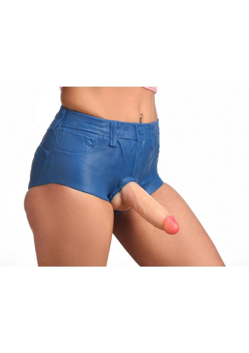 Strap U Booty Shorts Strap-On Harness with Dildo - Blue/Vanilla - Small - 6in