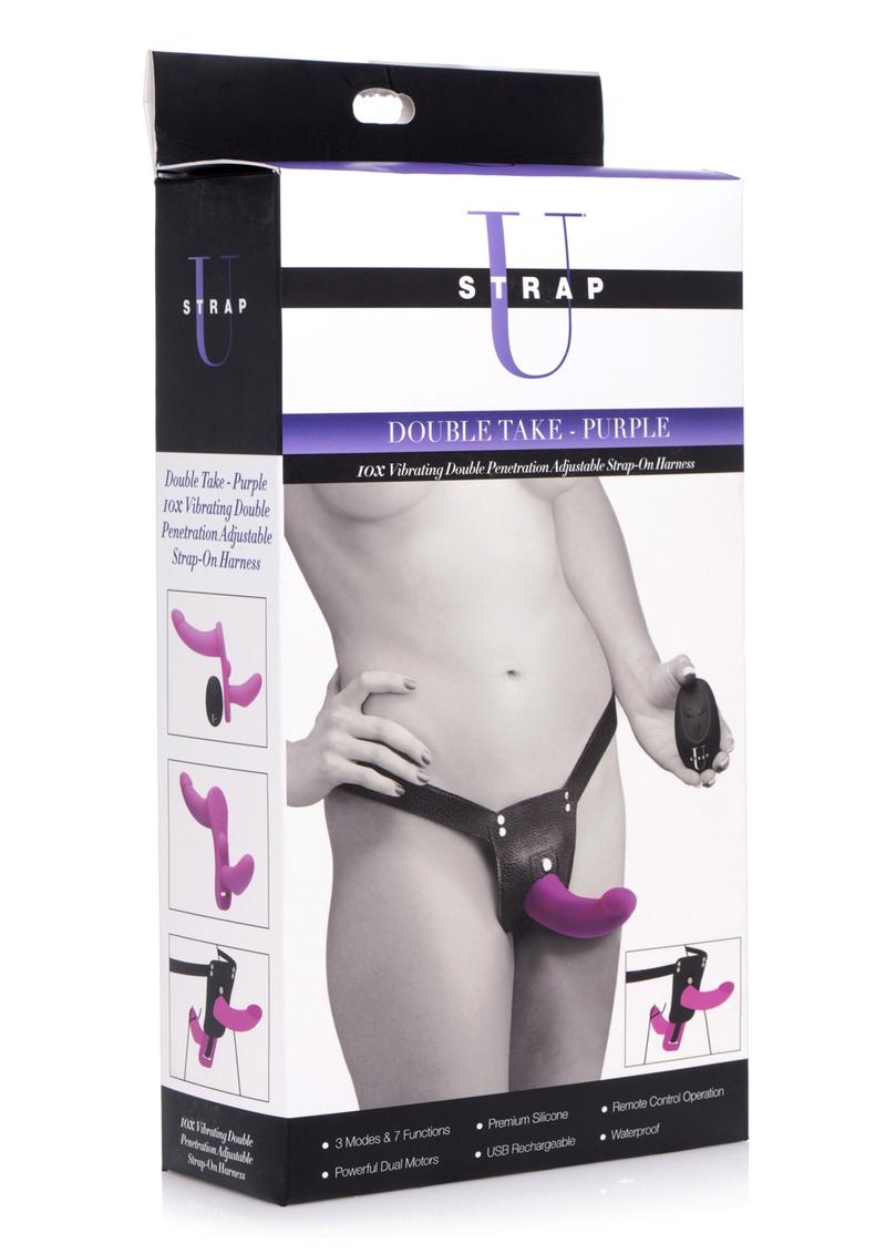 Strap U Double Take Double Penetration Rechargeable Silicone Vibrating Strap-On Harness - Purple