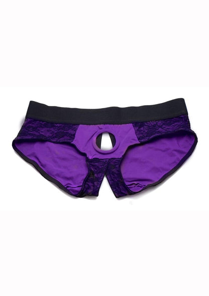 Strap U Lace Envy Lace Crotchless Panty Harness - Black/Purple - Large/XLarge