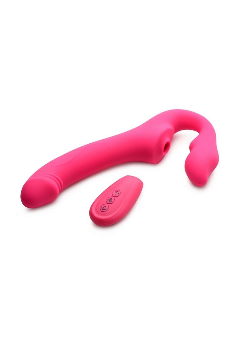 Strap U Licking Vibrating Rechargeable Silicone Strapless Strap-On with Remote Control - Pink