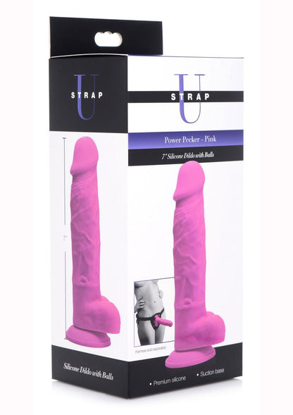 Strap U Power Pecker Silicone 7in Dildo with Balls - Pink