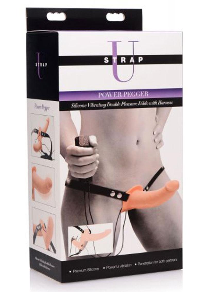 Strap U Power Pegger Silicone Vibrating Double Pleasure 6.5in Dildo with Harness - Flesh/Vanilla