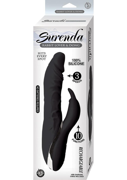 Surenda Rabbit Lover and Dildo Rechargeable Silicone Vibrator - Black