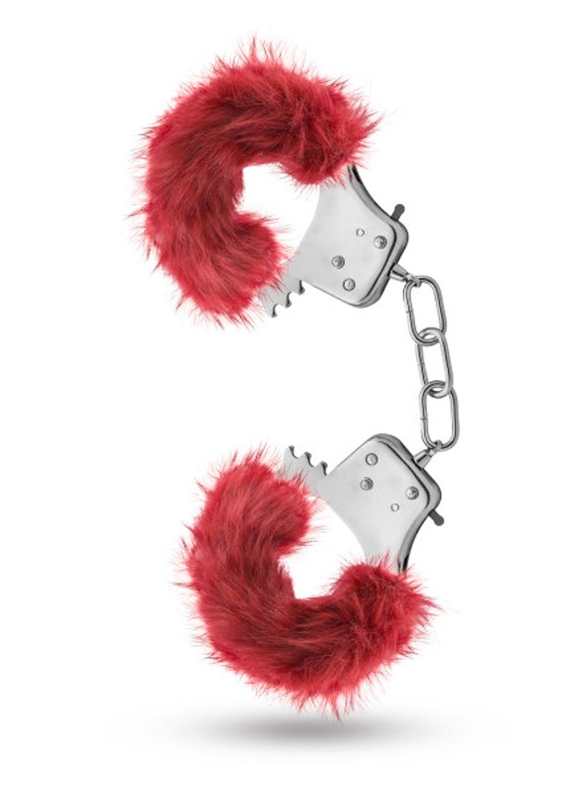 Temptasia Plush Fur Cuffs - Burgundy/Metal/Red