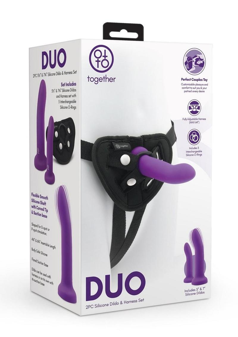 Together Toys Duo Silicone 5.5in, 7.75in Dildos and Harness - Black/Purple - Set