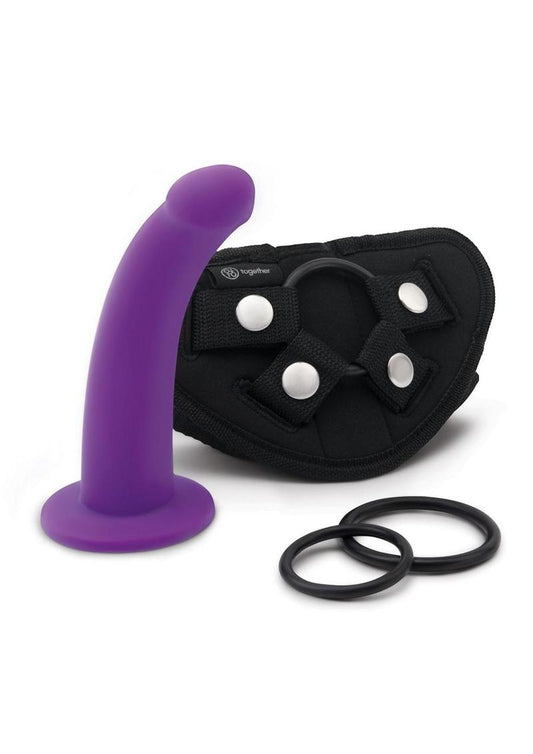 Together Toys Tilt Silicone 6.5in Dildo and Harness - Black/Purple - Set