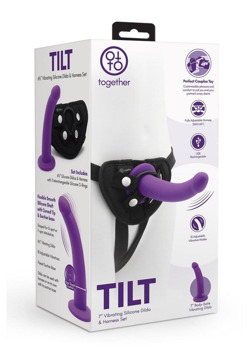 Together Toys Tilt Silicone 6.5in Dildo and Harness - Black/Purple - Set