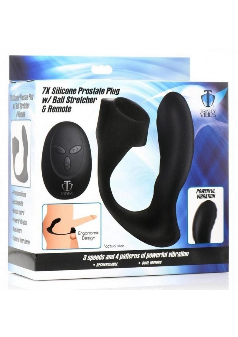 Trinity Men 7x Silicone Prostate Plug with Ball Stretcher and Remote Control - Black