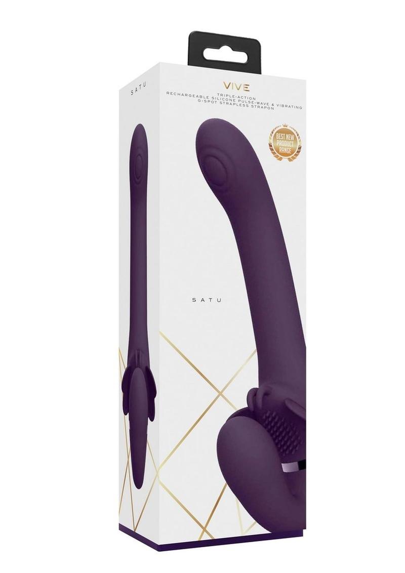 Vive Satu Rechargeable Silicone Pulse Wave and Vibrating Strapless Strap-On - Purple