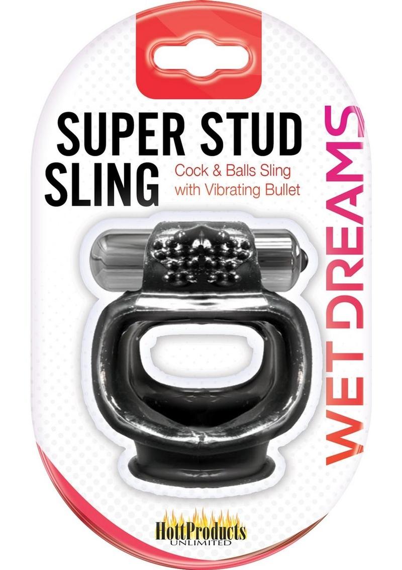 Wet Dreams Super Stud Sling Silicone Vibrating Cock Ring Waterproof - Black