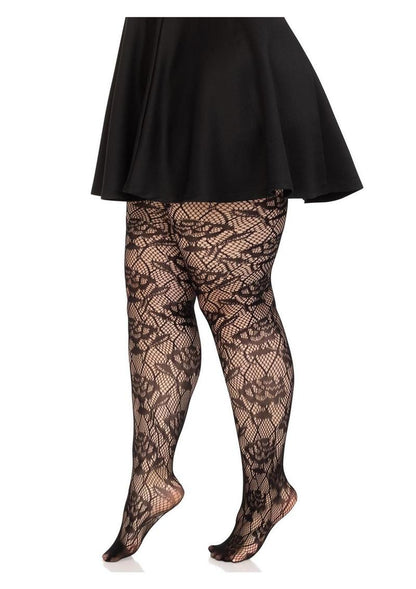 Wild Rose Net Tights - 1x-2x - Black