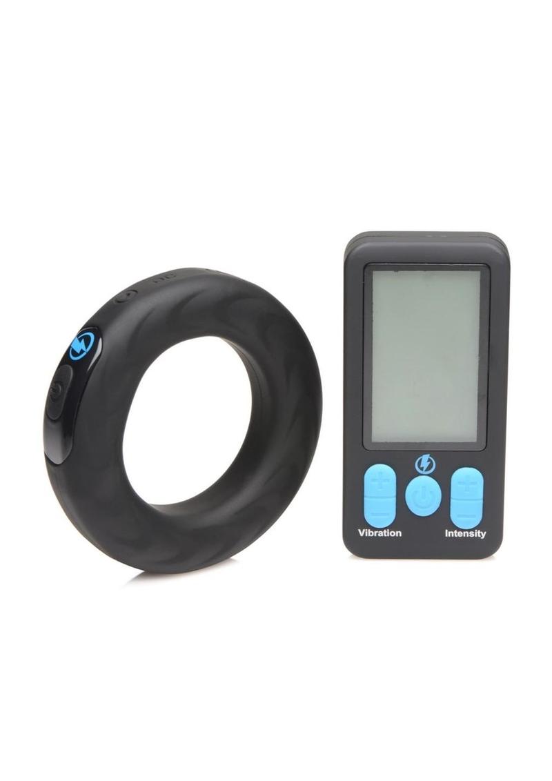 Zeus Vibrating and E-Stim Rechargeable Silicone Cock Ring with Remote Control - Black - 50mm